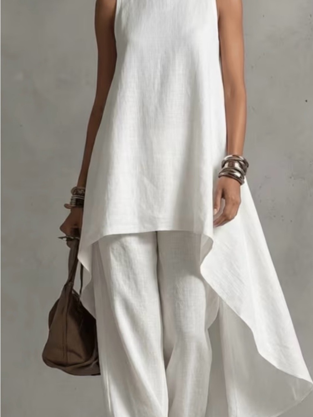 Women’s White High-Low Tunic & Wide-Leg Pants Set Sleeveless - Picture 6 of 9